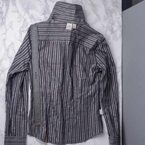 Black Button Up Shirt Silver Gray Metallic Striped Long Sleeves - Picture 5 of 5